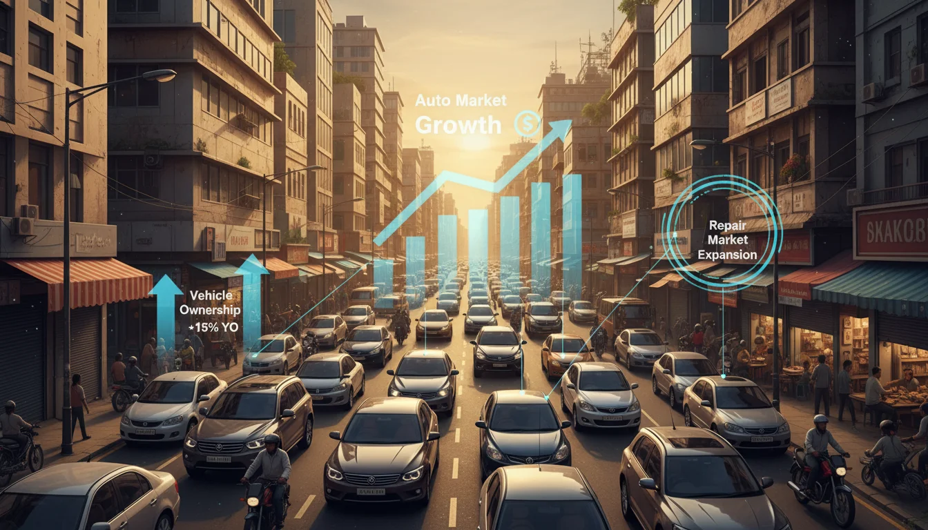 An illustrative image showcasing a bustling street in an Indian city filled with a diverse range of vehicles, from new models to older cars, with subtle digital overlays indicating increasing vehicle ownership and market growth, highlighting the expansion of the auto repair market.