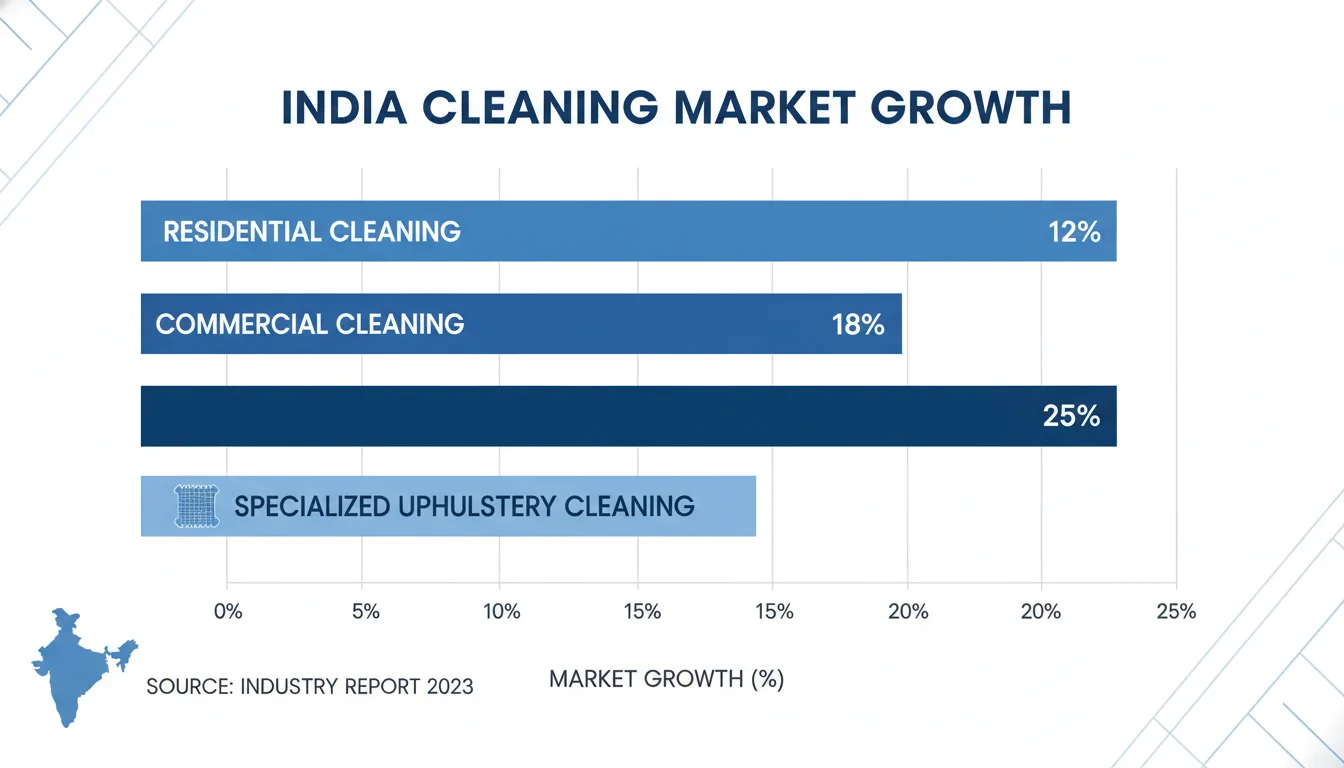 A high-resolution bar chart visualization comparing market growth across different cleaning segments in India, including residential, commercial, and specialized upholstery cleaning, professional infographics style, clean corporate aesthetic.