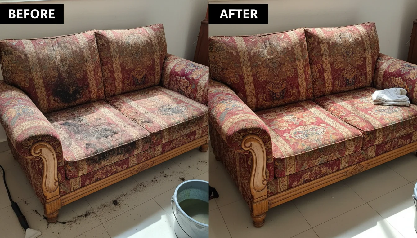 A split-screen 'Before and After' high-definition image of an Indian residential sofa; the left side is dusty and stained, the right side is pristine and bright after professional steam cleaning, vibrant colors, photorealistic.