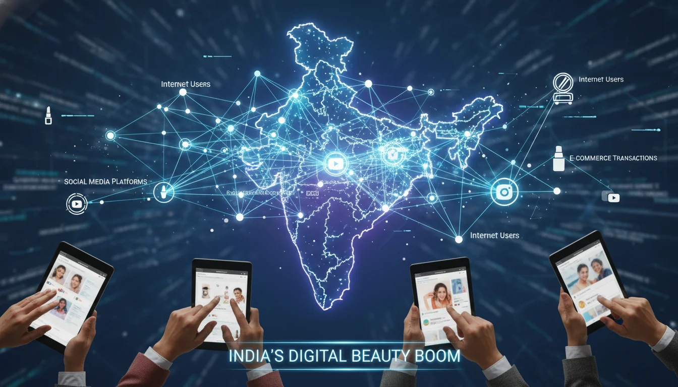 A dynamic visualization of digital growth in India's beauty market. Show interconnected lines and glowing nodes representing internet users, social media platforms, and e-commerce transactions, overlaid on a stylized map of India. Include subtle beauty product icons and diverse Indian hands interacting with smartphones and tablets, emphasizing rapid digital adoption and online sales growth.