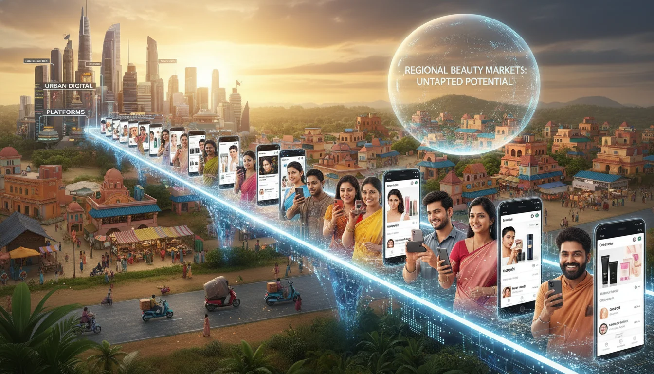 An image depicting the vast, untapped potential of regional digital markets in India for beauty brands. Show diverse Indian consumers from non-metro cities interacting with beauty content on smartphones, featuring apps with native language interfaces. A visual metaphor of a bridge or pathway extending from urban digital platforms to smaller, vibrant regional towns, symbolizing new market penetration.