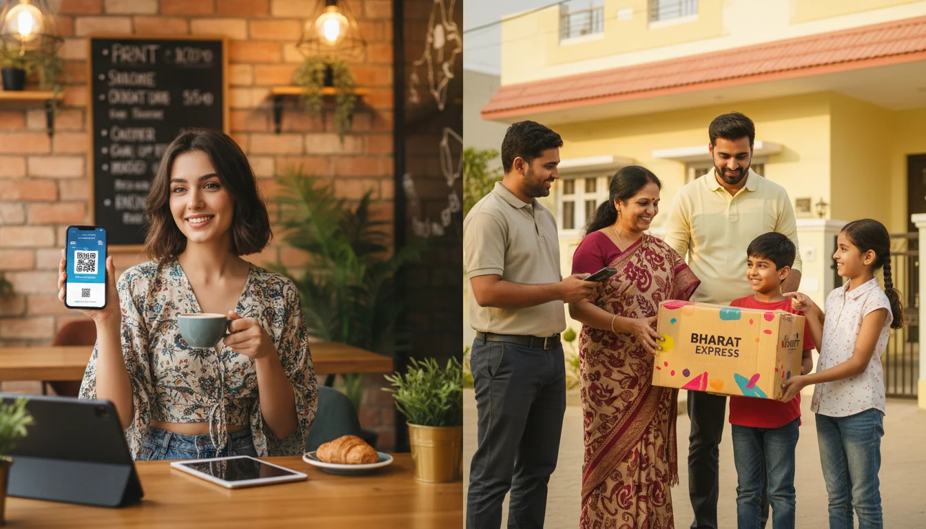 A high-quality photographic split-screen. On the left, a stylish Gen Z woman in a Bangalore cafe making a digital payment with her phone. On the right, an aspirational family in a Tier-2 town excitedly receiving a brightly colored delivery package from a local courier. The lighting is warm and optimistic, representing the 'Many Indias' retail paradigm.