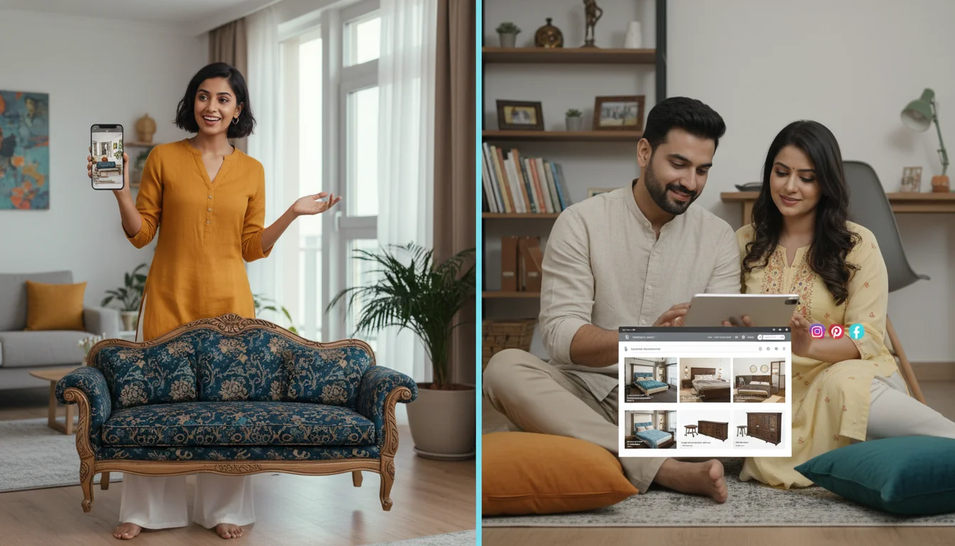 A split image or collage showing diverse modern Indian consumers (e.g., a young urban professional, a newly married couple) engaging with digital technology to shop for furniture. One side could show a person using a smartphone with an Augmented Reality (AR) app to visualize a stylish Indian sofa in their living room, while the other side shows another person browsing furniture on a tablet, with social media icons subtly visible. Emphasize seamless digital integration and aspirational home decor.