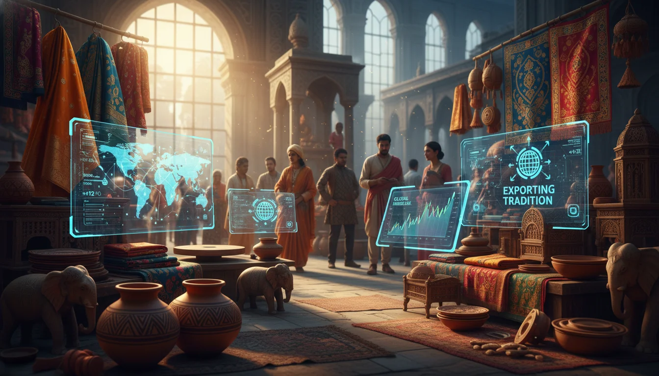 A vibrant image showcasing a blend of traditional Indian handicrafts like pottery, textiles, and woodwork, juxtaposed with modern digital elements such as a tablet displaying market data or a glowing network. The scene should convey growth and global reach, featuring diverse artisan products.