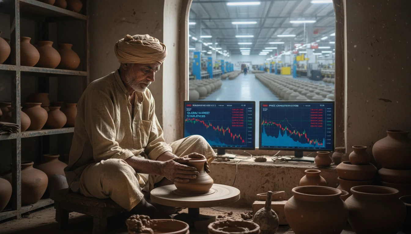 A nuanced image depicting an Indian artisan, perhaps a potter or weaver, carefully working on their traditional craft. In the background, subtly blurred or out of focus, show elements of modern mass production or digital screens showing complex market challenges, highlighting the juxtaposition of tradition and modern economic pressures. Focus on the artisan's dedication despite the obstacles.