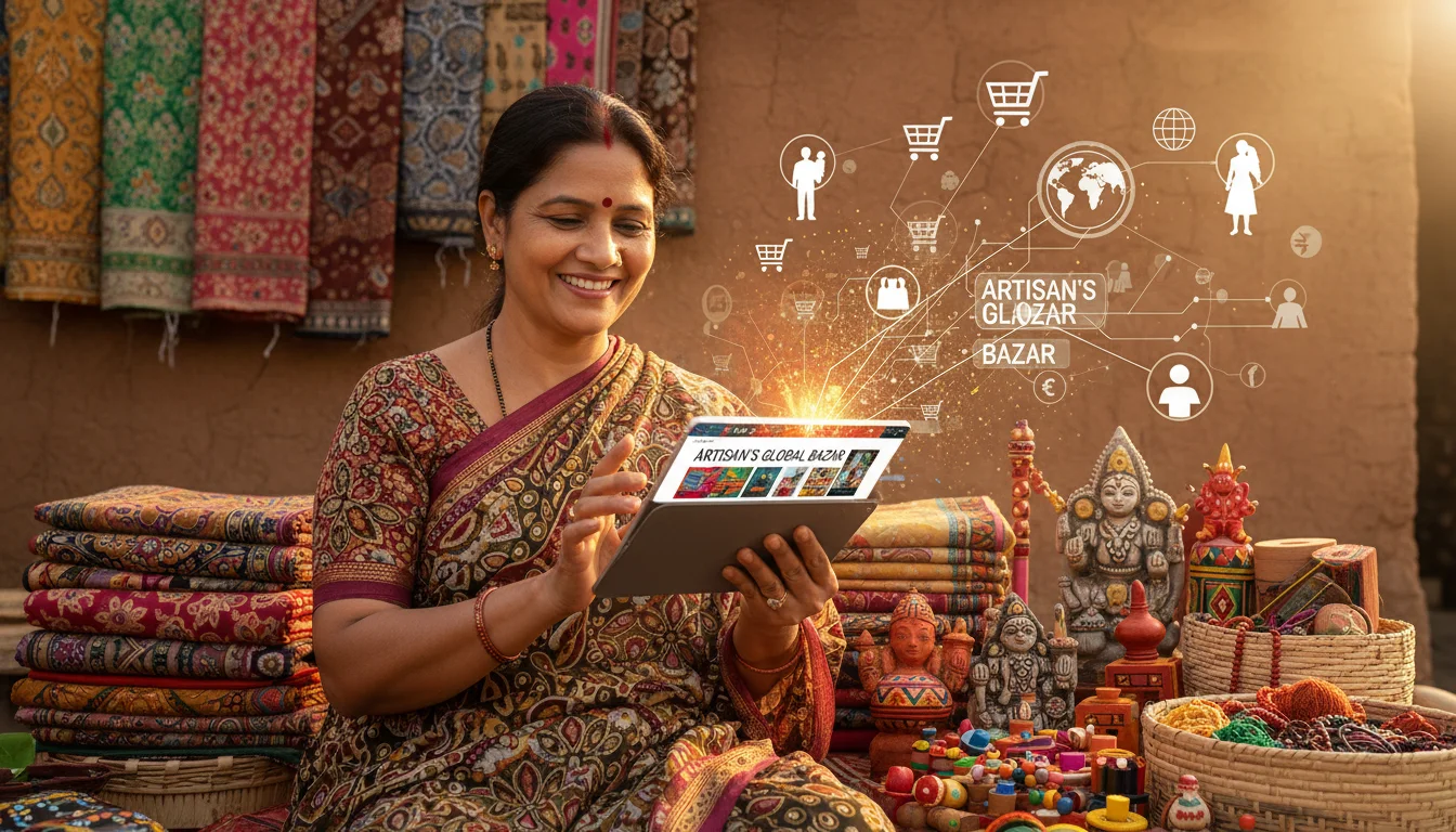A dynamic image illustrating the digital empowerment of Indian artisans. An artisan is smiling while interacting with a tablet displaying their online store or a social media feed featuring their products. Surrounding them are various vibrant handicrafts, and subtle digital overlays like network lines or e-commerce icons connect them to a global audience. The scene should convey optimism and technological integration.