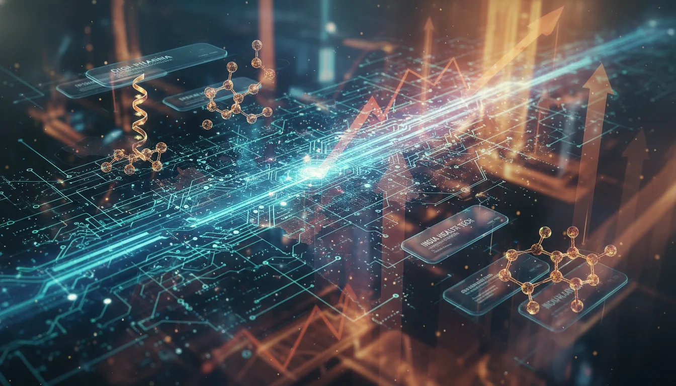 An abstract, futuristic image showing the intersection of digital technology (e.g., glowing circuits, data streams) and pharmaceutical elements (e.g., stylized molecules, pharmaceutical packaging), set against a subtle backdrop representing India's economic growth. The overall tone should be professional, innovative, and forward-looking.