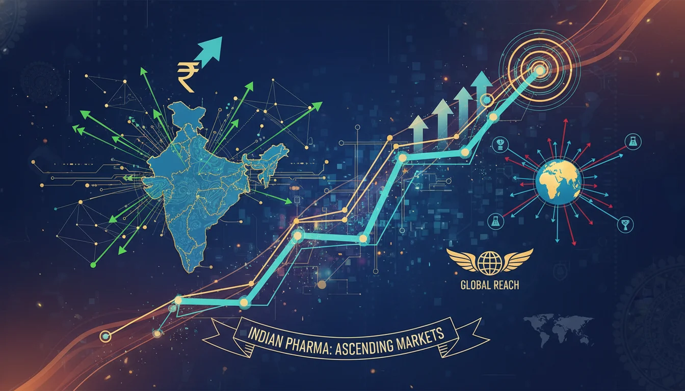 A dynamic infographic or abstract illustration showing upward growth trends and escalating market values for the Indian pharmaceutical industry, with elements representing both domestic market expansion and global exports. Incorporate subtle Indian cultural motifs and digital data visualization.