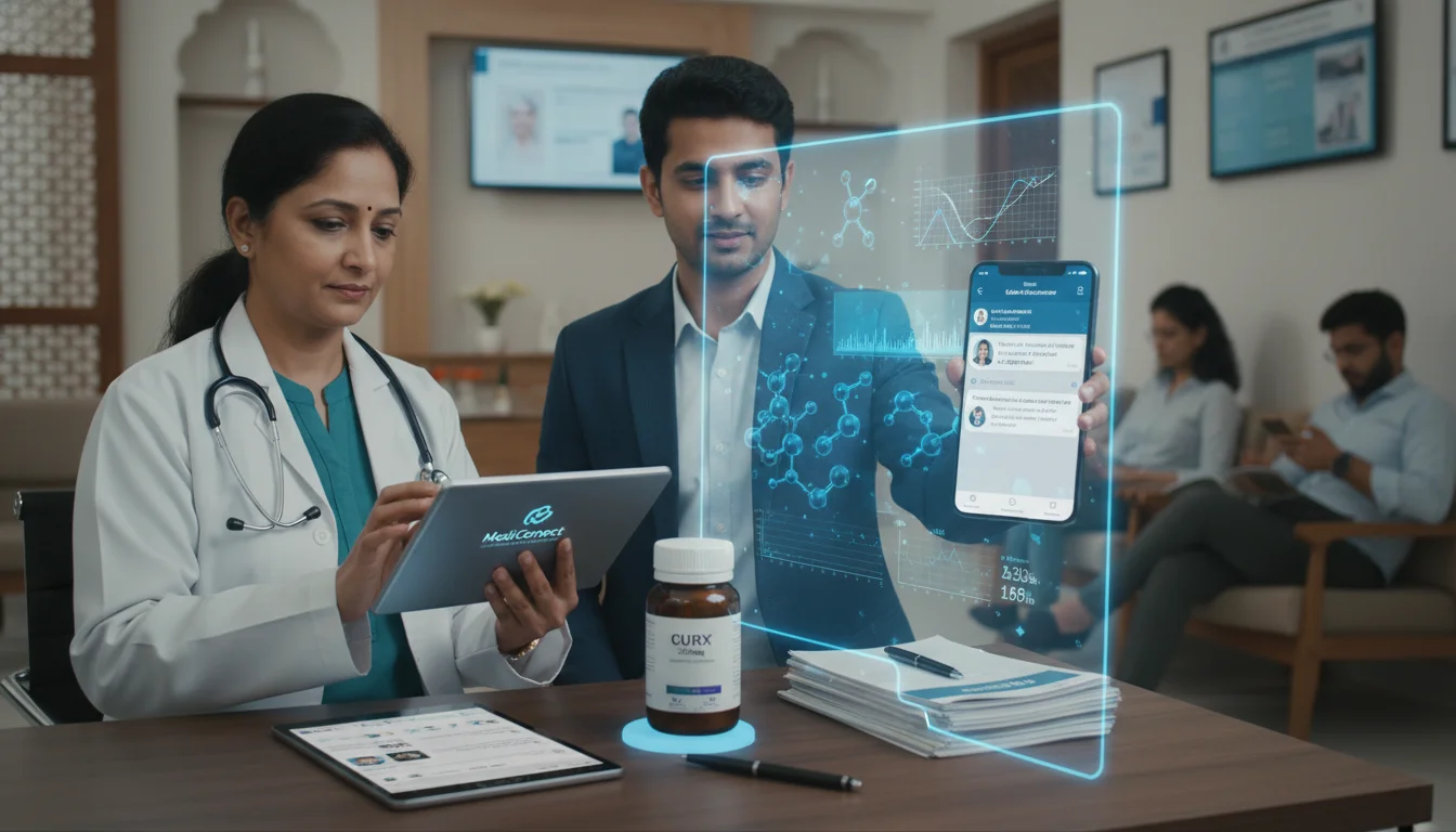An image depicting the 'phygital' engagement strategy in Indian pharmaceutical marketing, showing a seamless blend of digital interfaces (smartphone screens with WhatsApp, professional networking platforms) and traditional medical interactions, reflecting India's diverse digital consumption patterns.