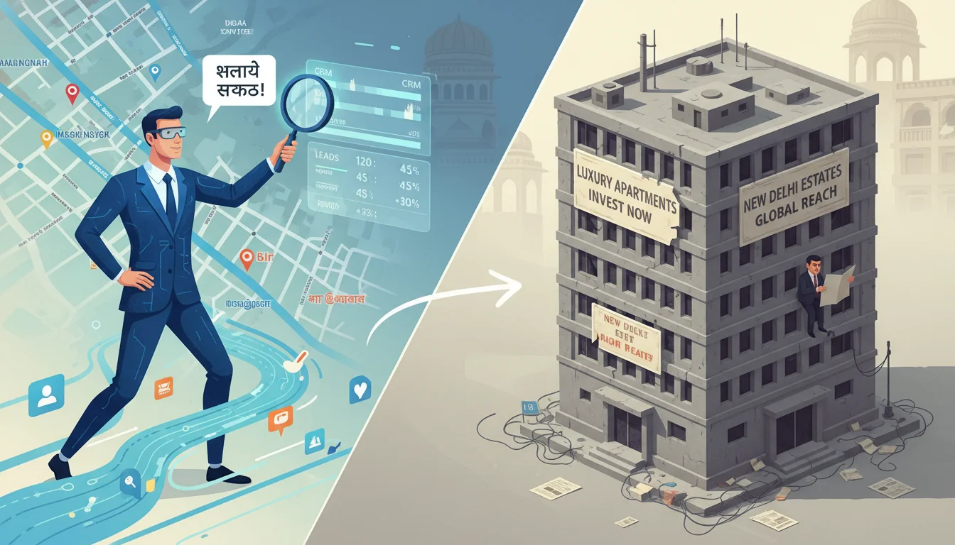A stylized illustration depicting a 'David vs. Goliath' scenario in the Indian real estate digital marketing landscape. On one side, a smaller, agile real estate firm represented by a modern, tech-savvy figure leveraging smart digital tools like a magnifying glass over a hyper-local map, a speech bubble with local language text, and a CRM dashboard. On the other side, a large, somewhat blocky, traditional corporate building symbolizing big developers, with generic English text and outdated marketing signs, looking slightly overwhelmed or missing key details. The image should convey strategic advantage through digital innovation.
