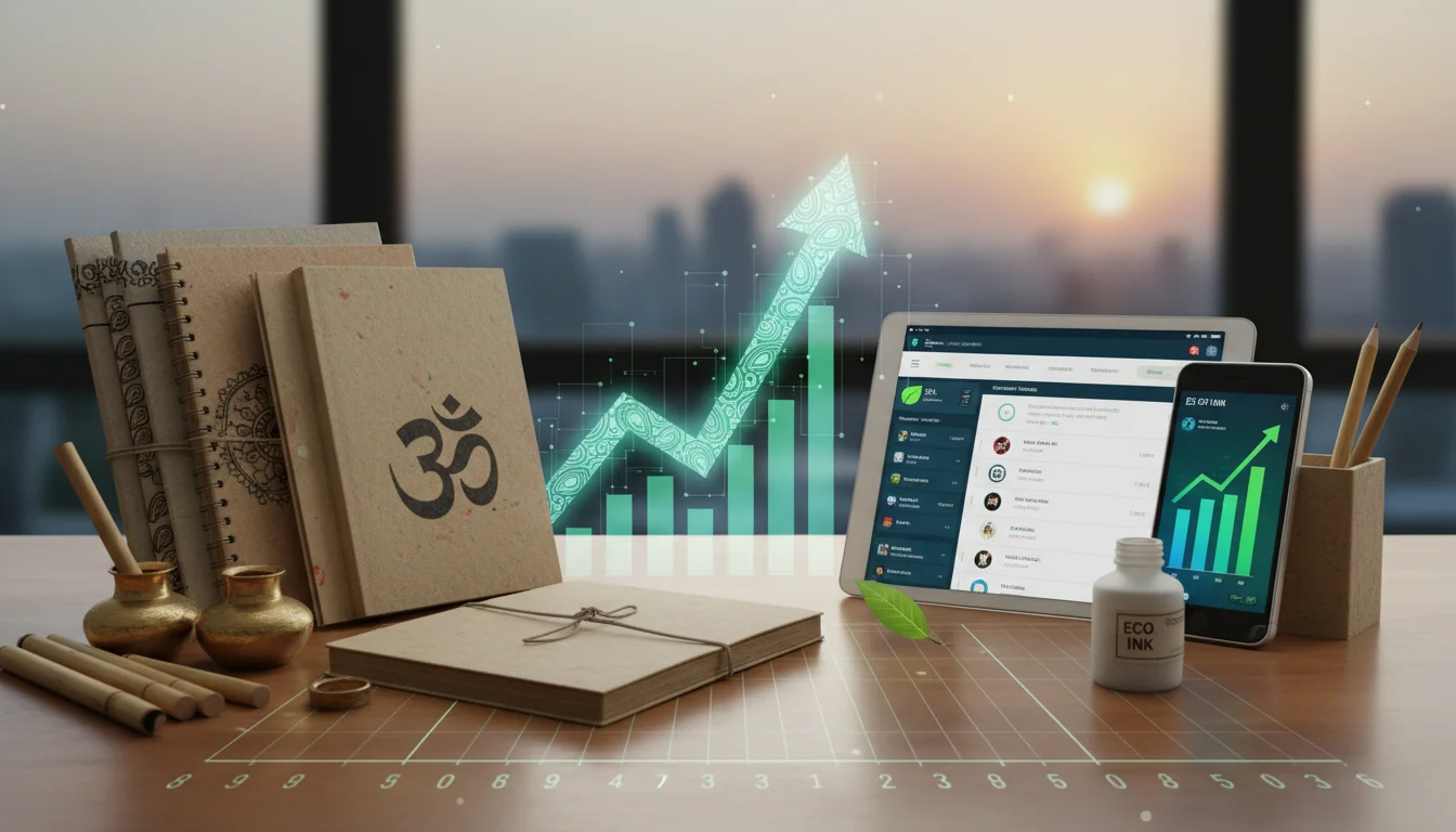 A vibrant image showcasing a mix of traditional Indian stationery (notebooks, pens) and modern digital devices (tablet, smartphone) on a desk. Incorporate elements representing digital marketing trends, sustainability (eco-friendly products), and market growth (subtle upward graph). Bright, professional style.