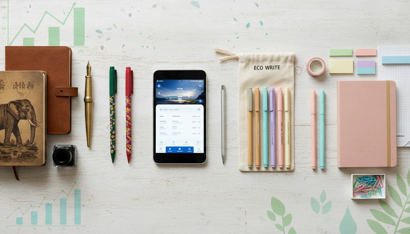 A creative flat lay image illustrating key trends in the Indian stationery market: traditional notebooks and pens alongside a smart notebook with a stylus, eco-friendly bamboo pens, and pastel-colored aesthetic journaling supplies. The background subtly hints at market growth and sustainability. Bright, modern, and professional.
