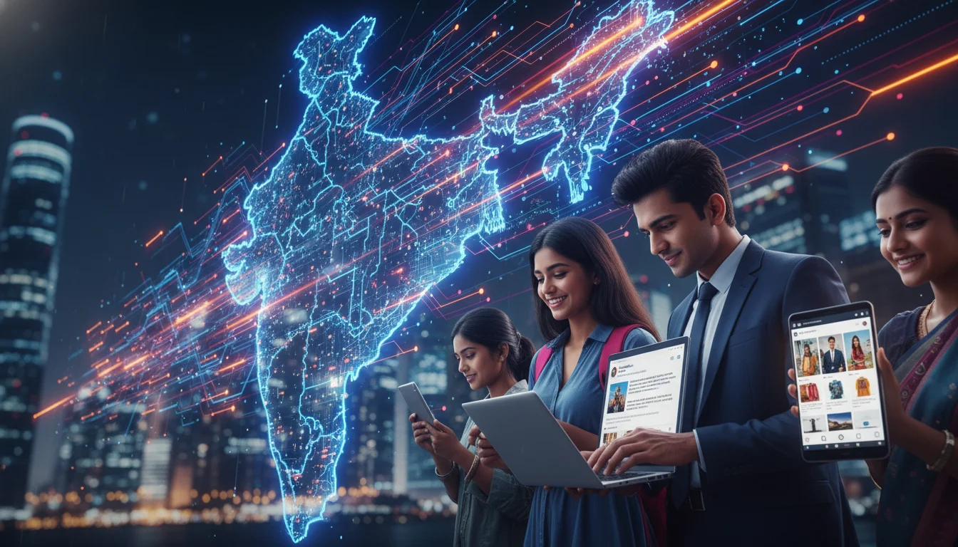 A dynamic image illustrating India's booming digital landscape, with diverse individuals (Gen Z student, professional) interacting with digital devices (smartphones, tablets, laptops) displaying social media apps (Instagram, LinkedIn) and e-commerce platforms, against a backdrop of glowing data lines and a subtle map of India. Vibrant, modern, and high-tech.