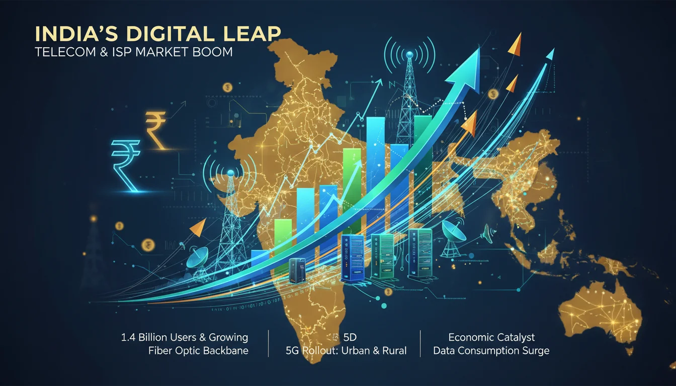 A dynamic infographic or abstract representation of India's booming telecommunications and ISP market. Show upward-trending growth charts integrated with modern digital infrastructure like fiber optic cables, 5G towers, and data streams, against a backdrop that subtly suggests economic prosperity and rapid expansion across urban and rural India.