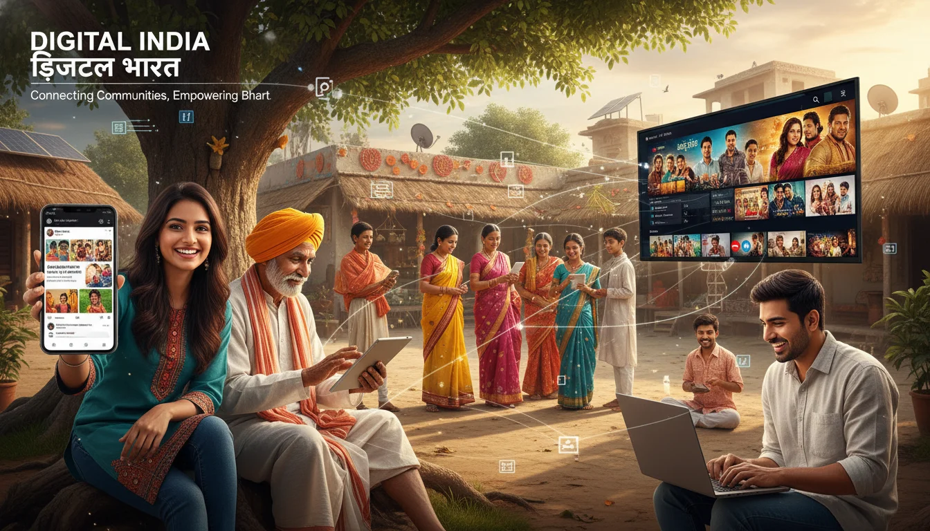 A diverse group of Indian individuals (from urban and rural settings) using multiple digital devices (smartphone for social media, tablet for e-learning, smart TV for streaming) seamlessly connected. The scene should emphasize vernacular content, local communities, and the rapid penetration of the internet into diverse demographics, reflecting active engagement and widespread digital adoption across India.