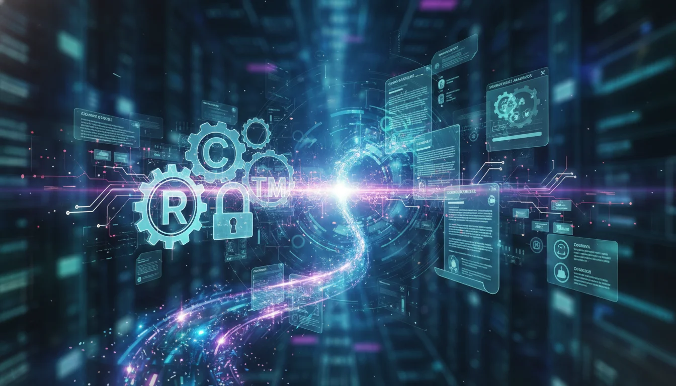 Abstract visualization of intellectual property (IP) symbols merging with contract lifecycle management (CLM) documents and digital interfaces, set in a futuristic B2B legal technology environment. AI elements like neural networks and data streams are subtly integrated, emphasizing strategic analysis and comparison. The color palette should be professional with tech-inspired blues, greens, and purples.