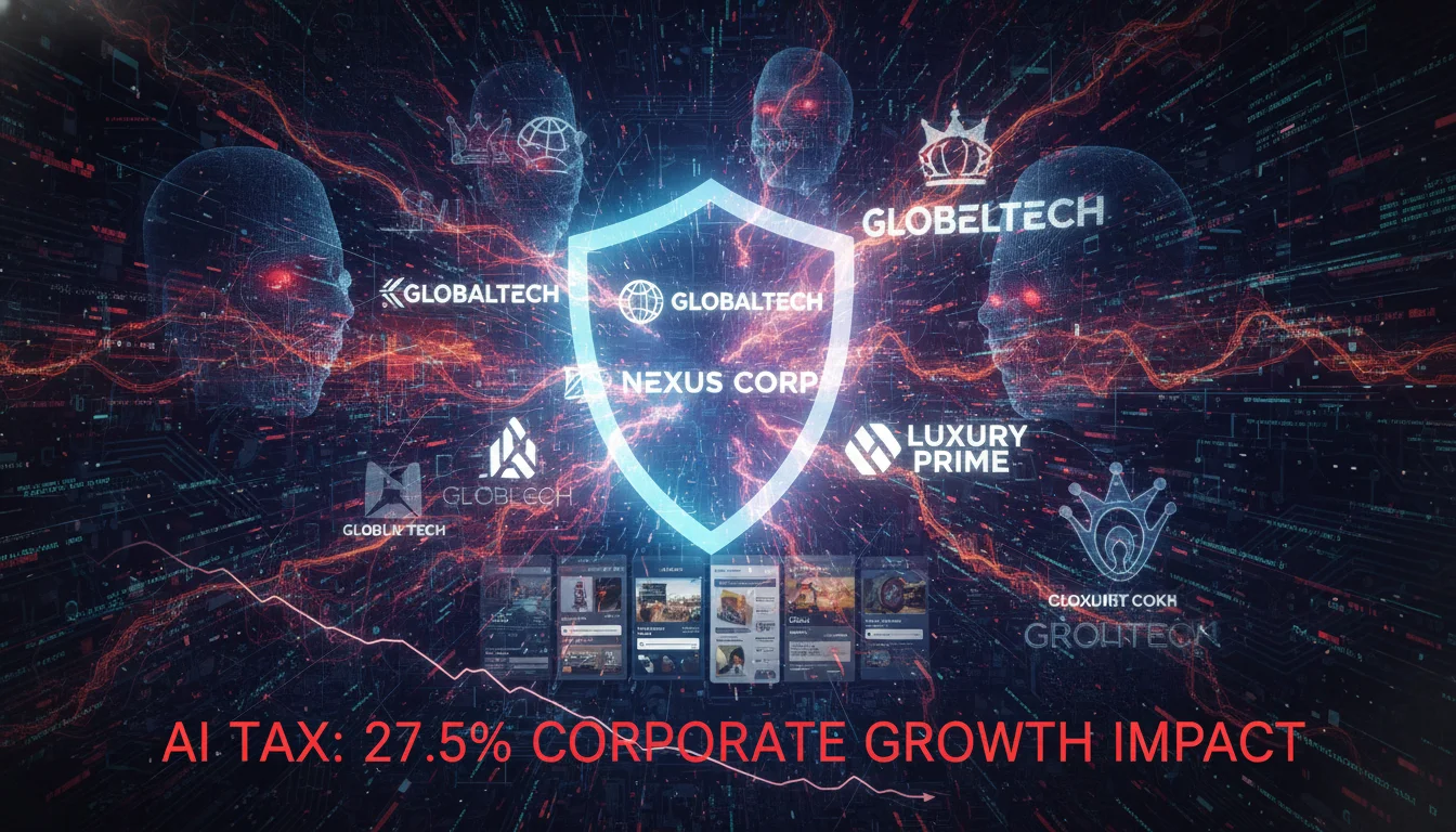 Abstract representation of digital threats and brand impersonation, with AI elements creating fake digital assets and online storefronts. A shield or barrier is attempting to protect genuine brand logos. Darker, urgent color palette with digital interface elements, emphasizing the 'AI tax' on corporate growth.