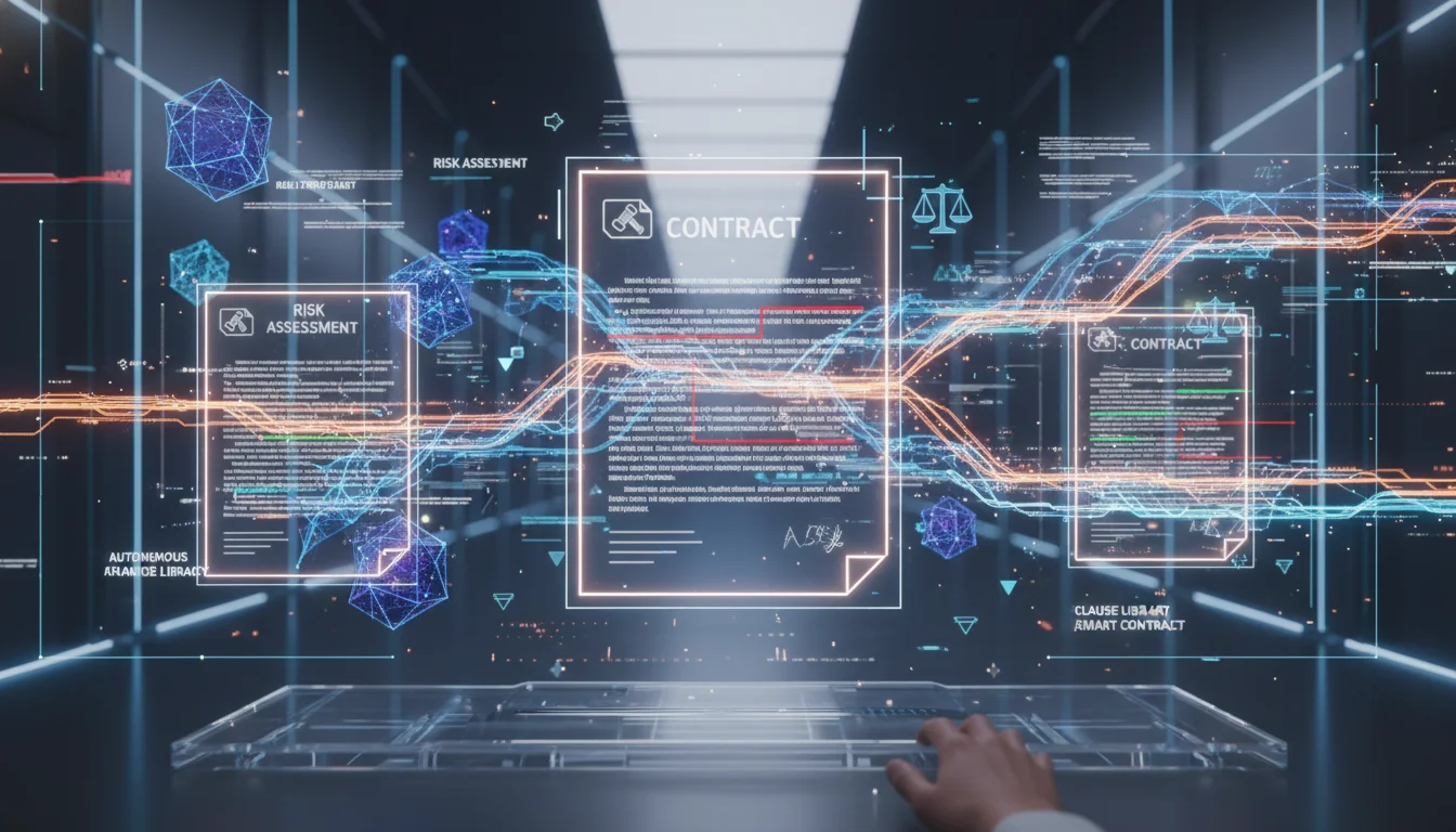 Futuristic visualization of Agentic AI in contract lifecycle management. Digital agents represented as intelligent nodes or entities interacting with glowing contract documents, identifying risks, redlining clauses, and making autonomous decisions. Networked data streams and legal symbols integrated into a clean, sophisticated interface, emphasizing efficiency and intelligence in contract authoring and review.