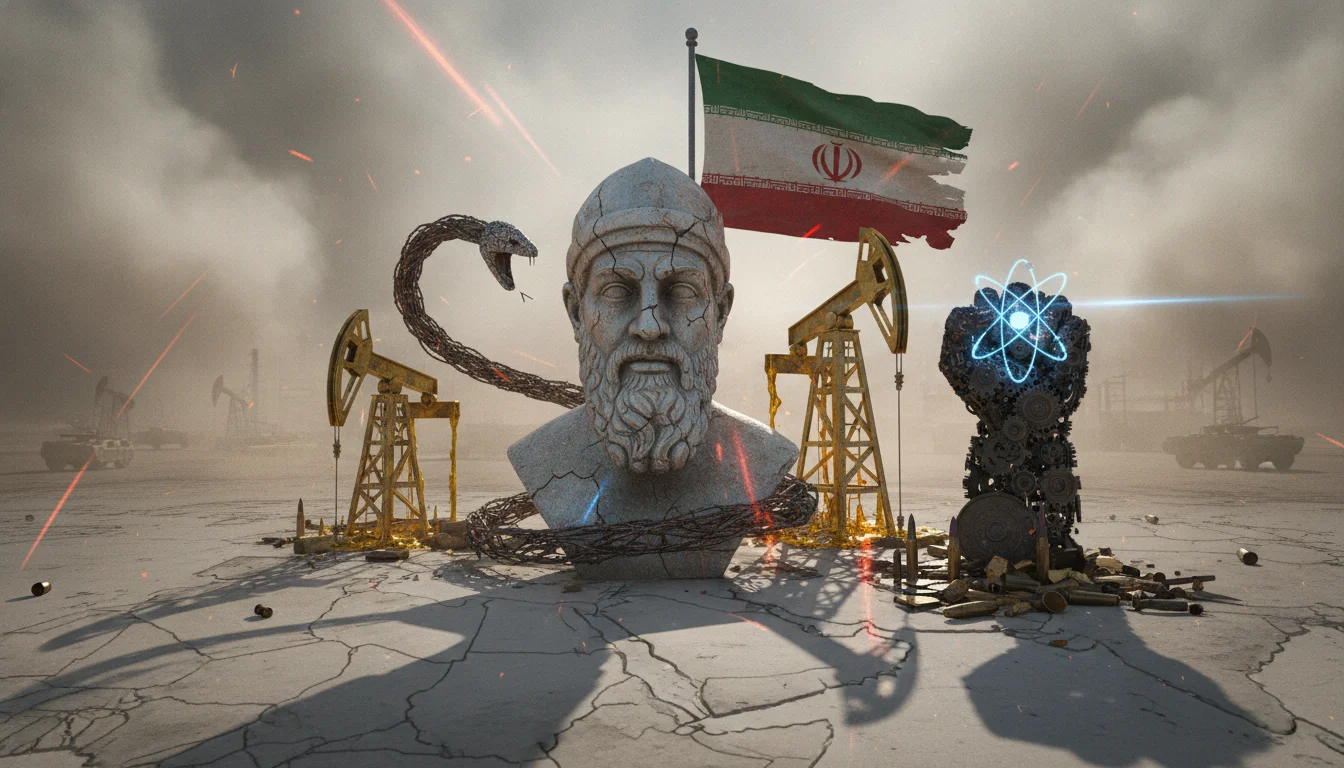 A dramatic, stylized depiction of geopolitical tension involving Iran, with historical elements and modern conflict symbols. Include a subtle map of the Middle East and abstract representations of oil and power. Dynamic lighting, realistic photo.