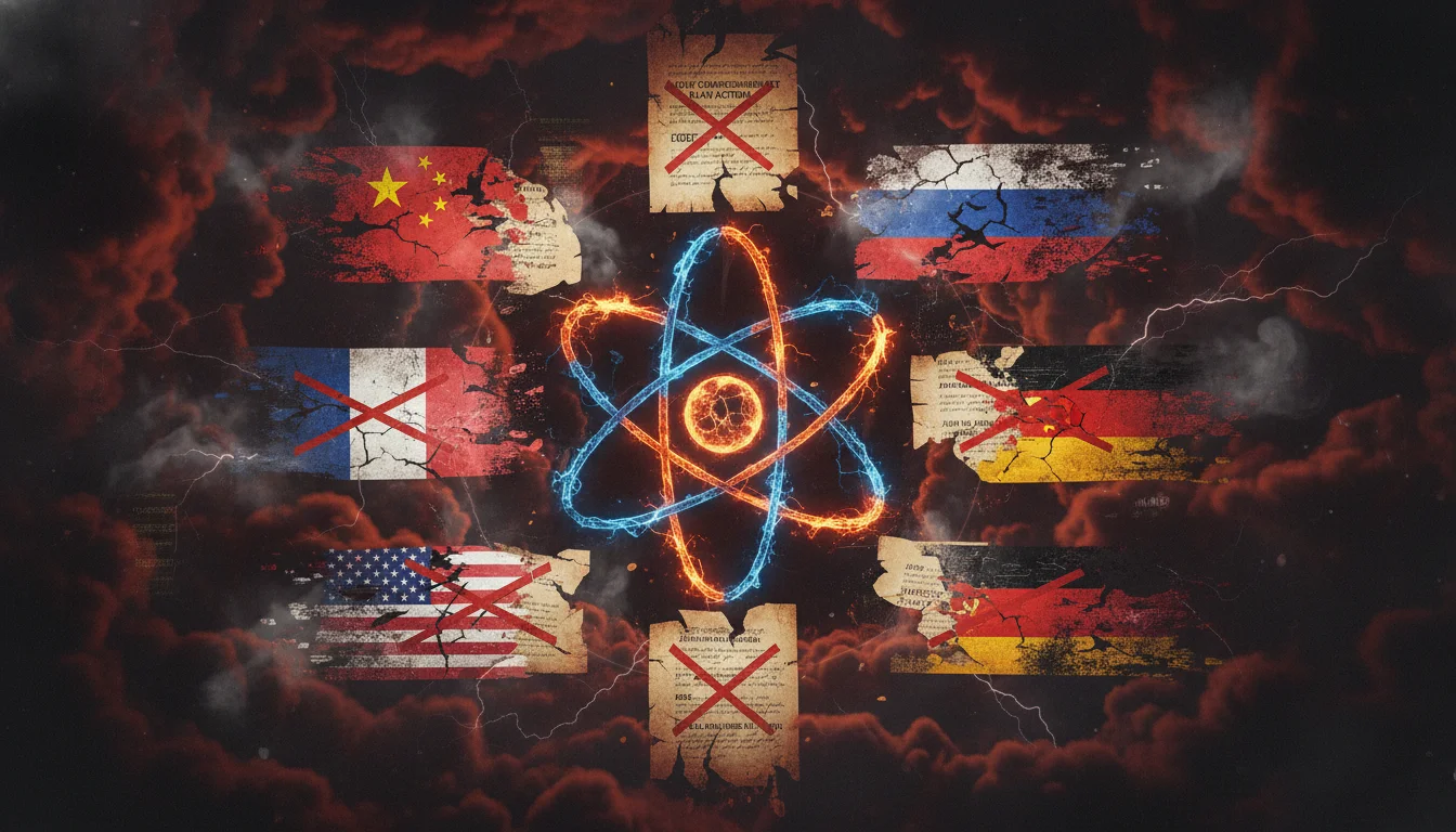 A symbolic representation of Iran's nuclear program and the collapse of the JCPOA. Feature a stylized atomic symbol at the center, surrounded by broken international treaties or fragmented diplomatic documents. Flags of the P5+1 nations (China, France, Russia, UK, US, Germany) appear fractured or fading. The overall tone should be one of heightened geopolitical risk and diplomatic failure. Modern, abstract, digital art style.