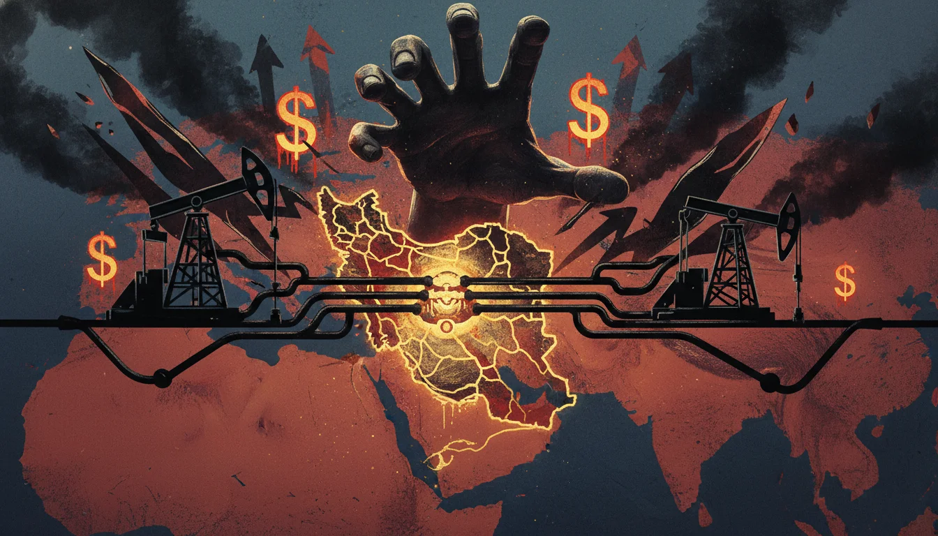 A dramatic, stylized depiction of geopolitical tension over the Middle East, with oil derricks and pipelines in the background, a map of Iran and the Strait of Hormuz, and abstract elements representing conflict and rising oil prices. Dark, serious tones with a sense of urgency.