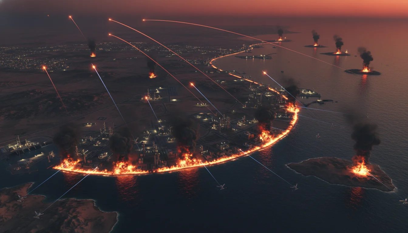 An aerial, strategic view of a fictional Middle Eastern landscape depicting asymmetric warfare. Swarms of small, advanced drones and ballistic missile trails are targeting critical infrastructure such as oil refineries and military installations across several Gulf states. The scene conveys intense regional conflict and the concept of a 'ring of fire' being established, with dramatic lighting and and smoke plumes.