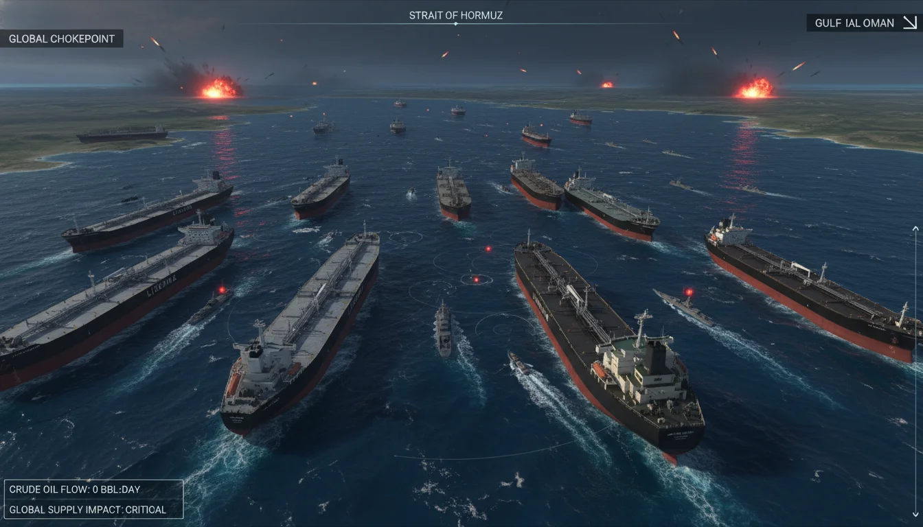 A high-angle, dramatic rendering of the Strait of Hormuz under blockade. Large commercial oil tankers are either halted or attempting to navigate a visually treacherous waterway, marked by subtle indications of naval mines and the presence of small, fast, aggressive military vessels or distant missile explosions. The image should convey global energy supply paralysis and a sense of maritime danger, with a strategic map-like quality and turbulent waters.