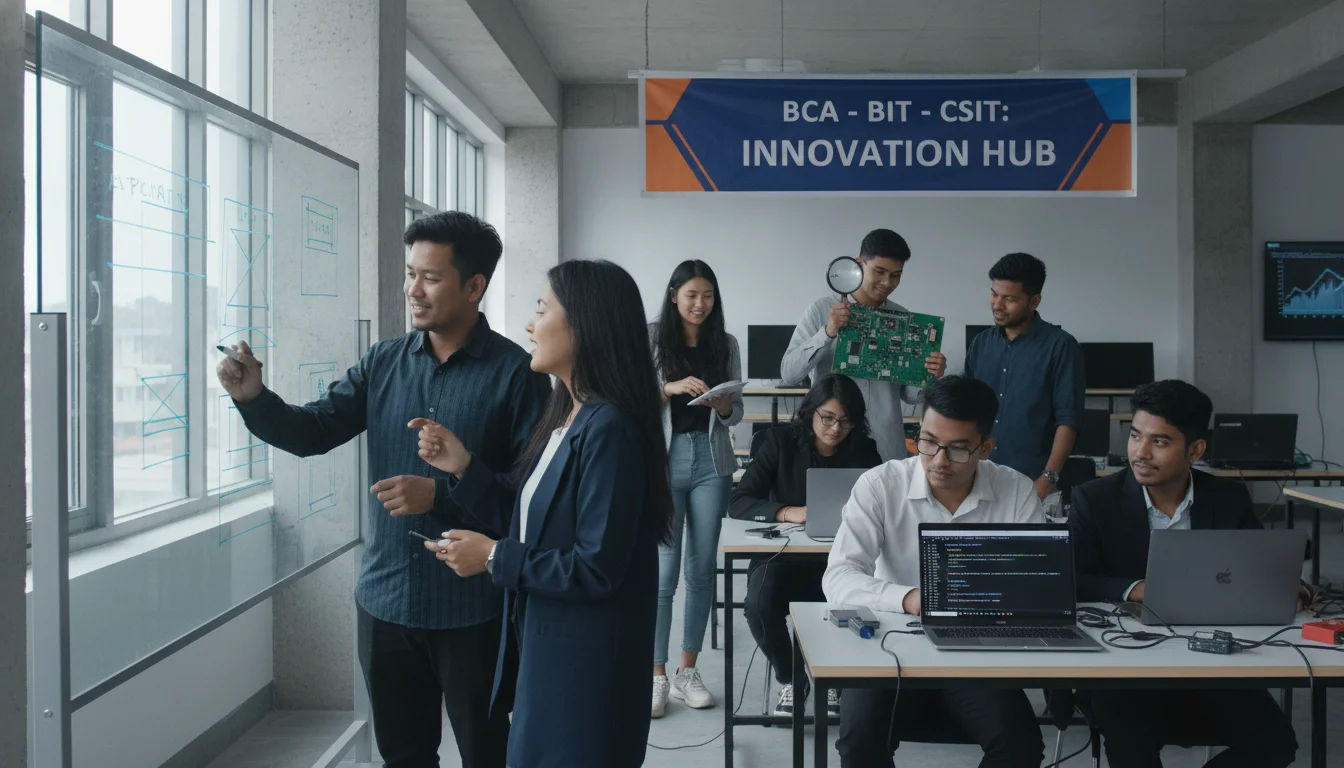 A diverse group of Nepali college students collaborating in a bright, modern tech lab. Some are coding on laptops, others are sketching application wireframes on a glass whiteboard, and one student is examining a circuit board. The atmosphere is energetic and professional, representing the multidisciplinary nature of BCA, BIT, and CSIT.