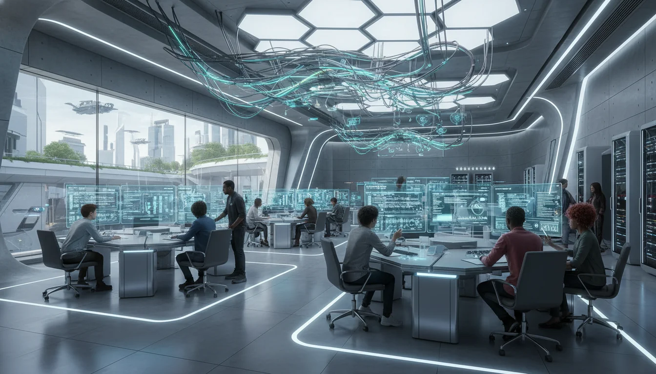 A high-tech, modern IT training laboratory with multiple workstations, large monitors, students engaged in collaborative learning, sleek architectural design, optimized lighting, and visible network infrastructure, 2026 futuristic aesthetic.
