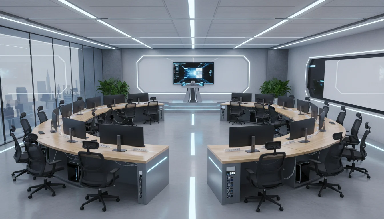 A modern IT training lab interior, showcasing a double U-shape (horseshoe) desk arrangement, with multiple computer workstations facing inwards towards a central instructor zone, clear sightlines, ergonomic chairs, and subtle under-desk cable management, designed for collaborative learning, 2026 aesthetic.