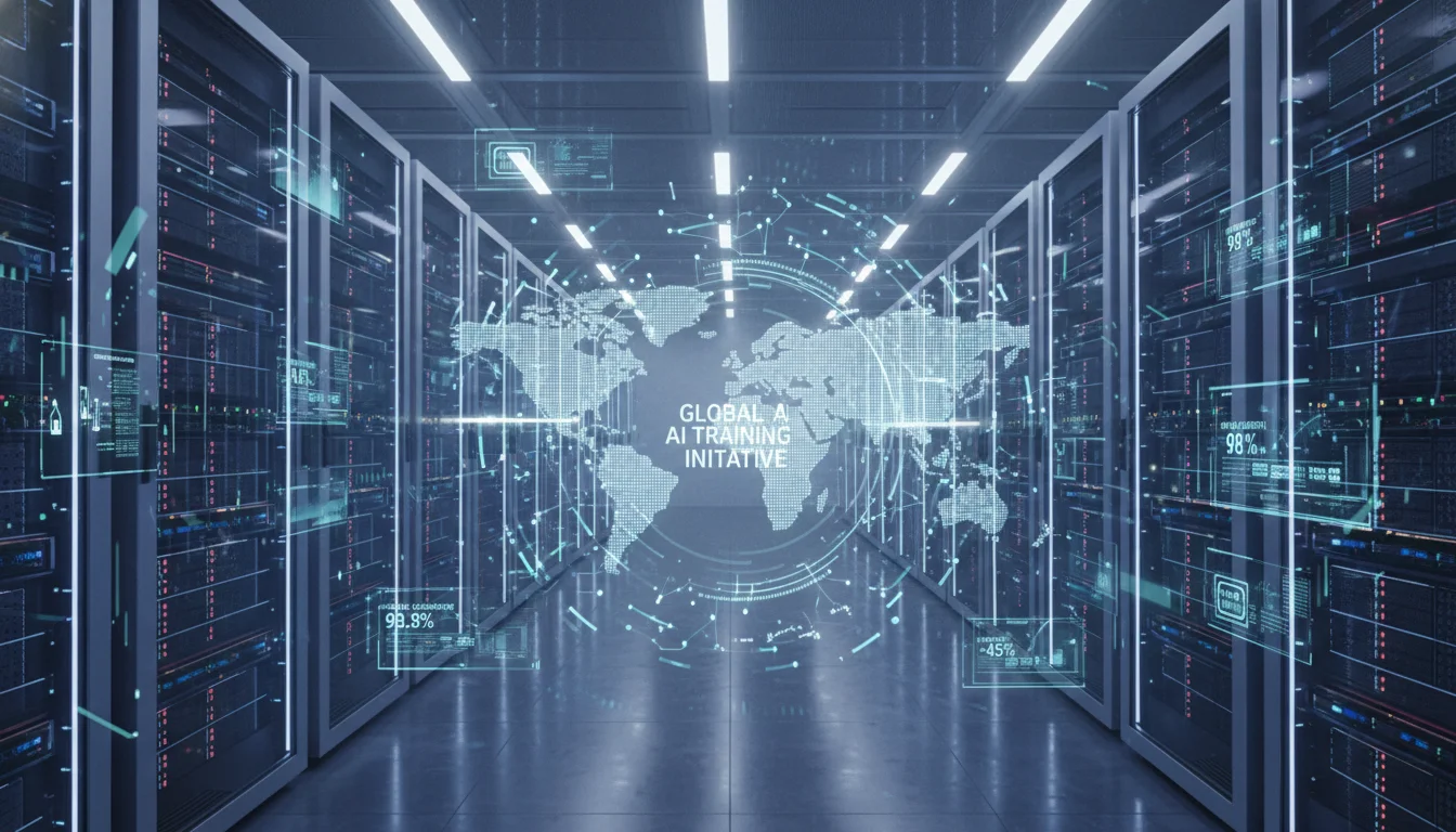 A futuristic data center filled with glowing GPU racks, representing powerful computing. Digital overlays of interconnected nodes and data streams, with a subtle global map indicating distributed AI training. The image should convey high-tech comparison and advanced AI.