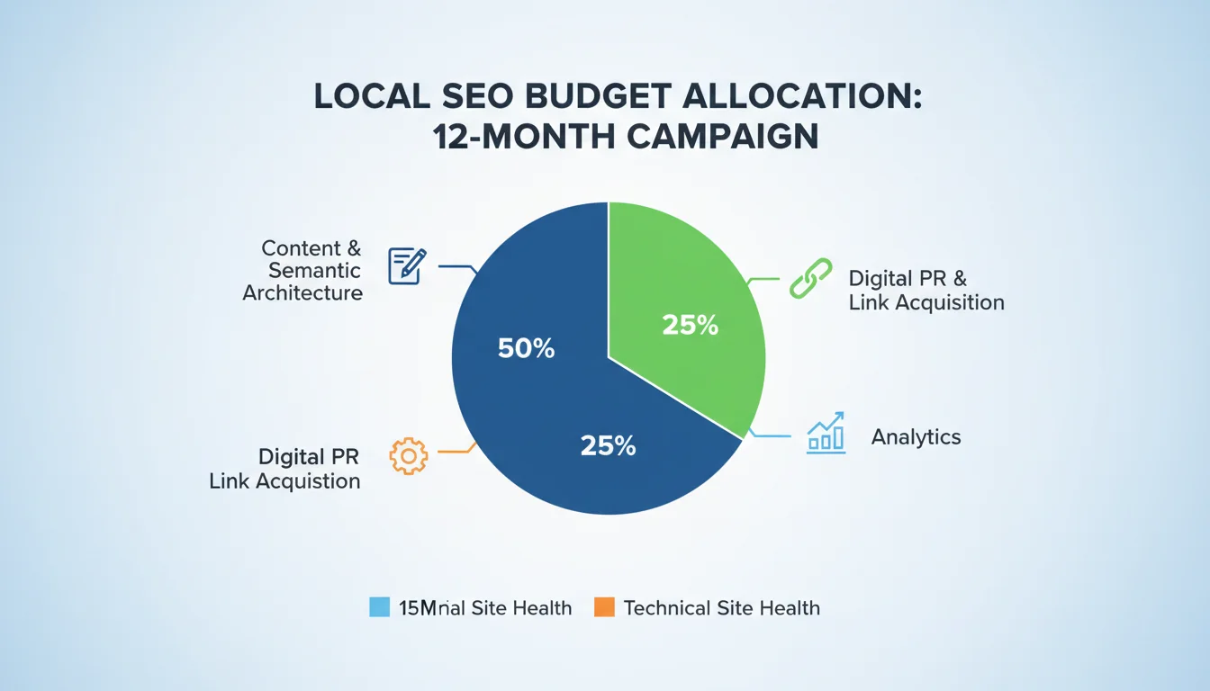 An infographic showing a pie chart of local SEO budget allocation for a 12-month campaign: 50% for content and semantic architecture, 25% for digital PR and link acquisition, 15% for technical site health, and 10% for analytics. Professional, clean design.