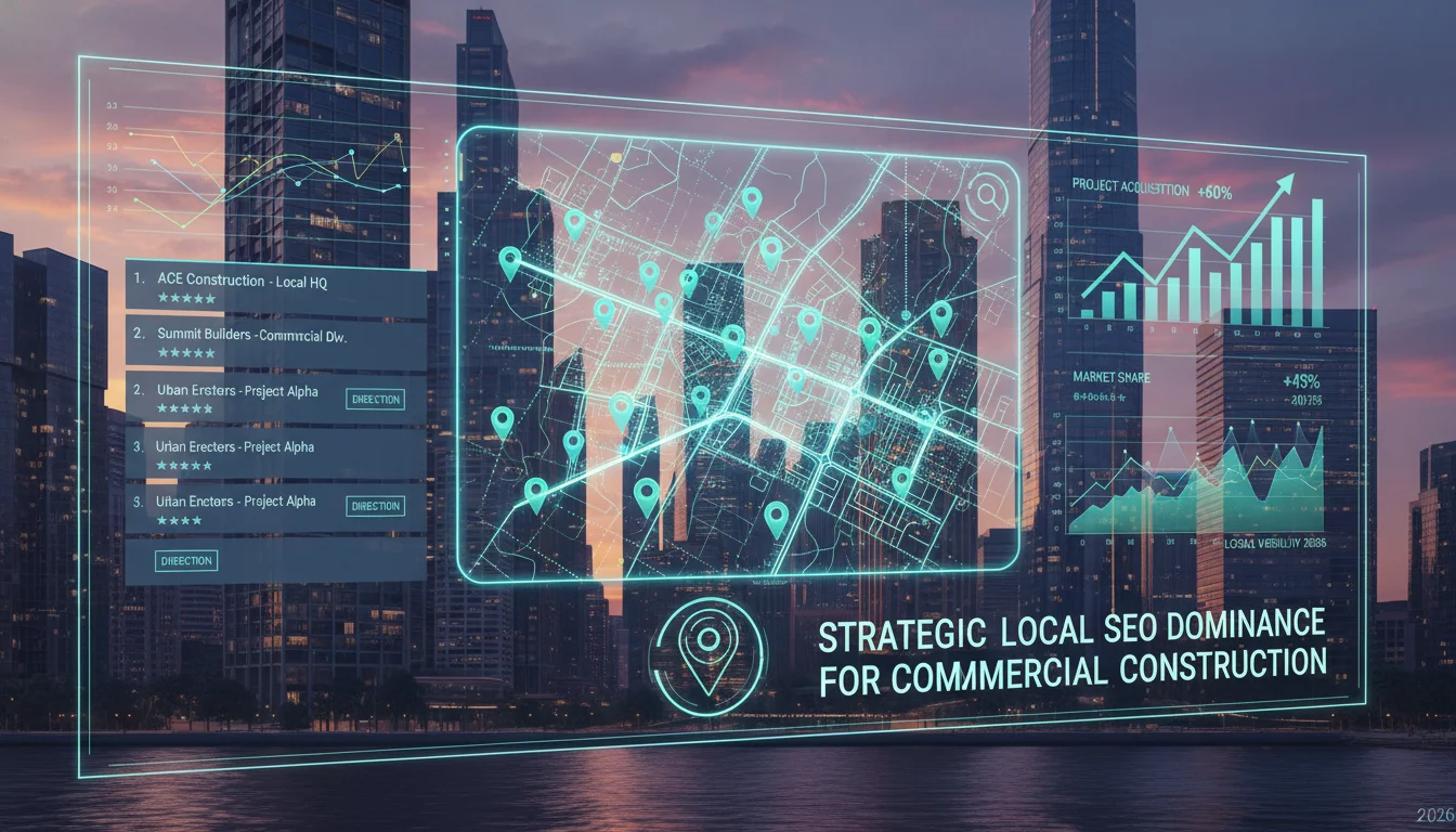A modern city skyline at dusk with a transparent digital overlay showing local search results, glowing map pins, and data analytics graphs, symbolizing strategic local SEO dominance for commercial construction projects in 2026.