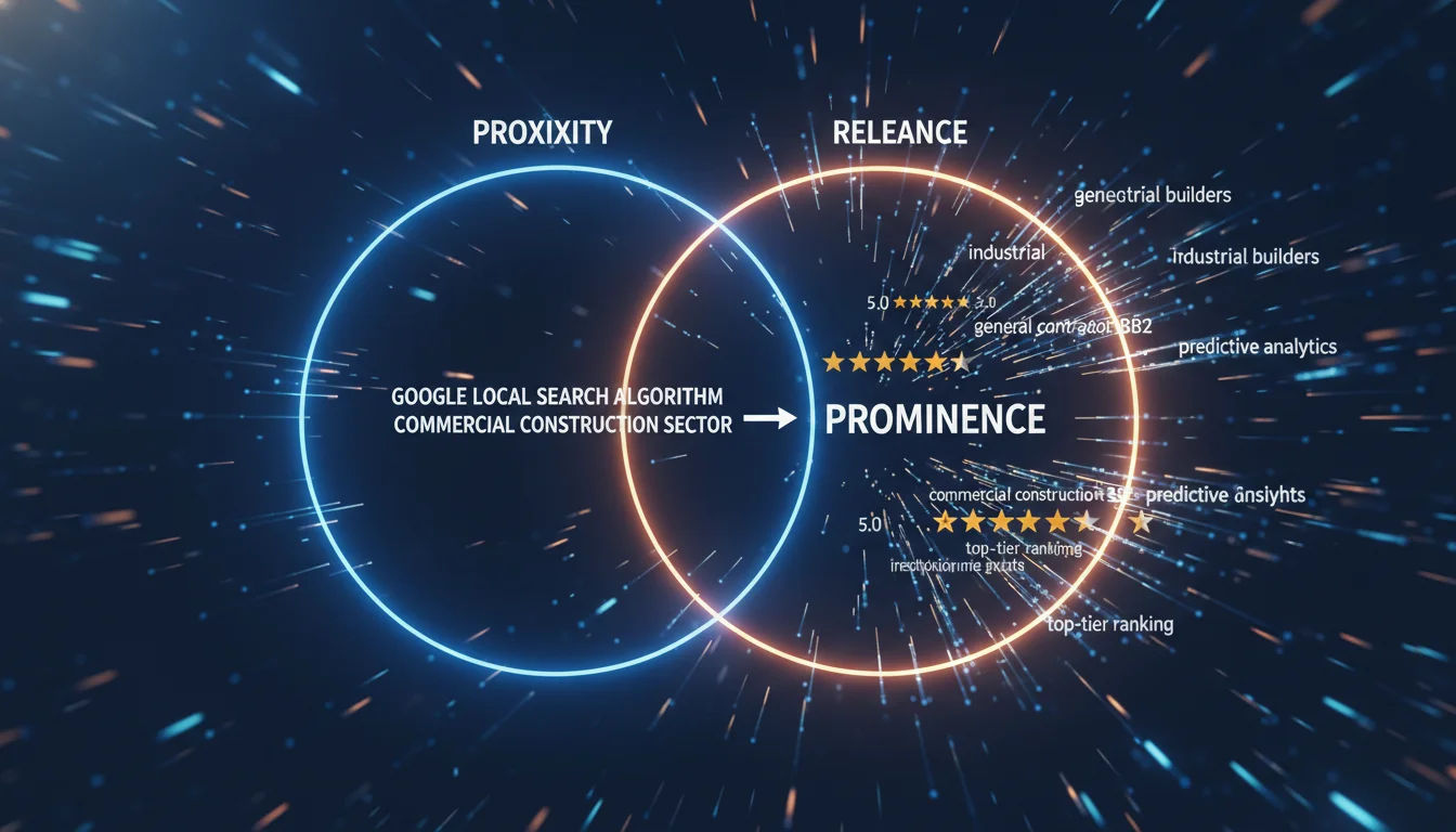 A visual representation of Google's local search algorithm, with three overlapping circles labeled 'Proximity,' 'Relevance,' and 'Prominence.' One circle (Prominence) should be significantly larger or more emphasized, with review stars and semantic keywords flowing into it, illustrating its increased weight for top-tier rankings in the commercial construction sector, machine learning insights, B2B.