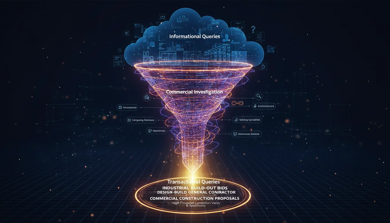A visual metaphor showing a funnel representing the B2B buyer's journey for commercial construction. At the top, abstract concepts like 'Informational Queries' (e.g., blueprints, general knowledge). In the middle, 'Commercial Investigation' (e.g., comparing solutions, seeking specialists). At the bottom, a focused beam leading to 'Transactional Queries' with specific keywords like 'industrial build-out bids' or 'design-build general contractor,' emphasizing high financial conversion value and specificity. The visual should have a professional, data-driven aesthetic.