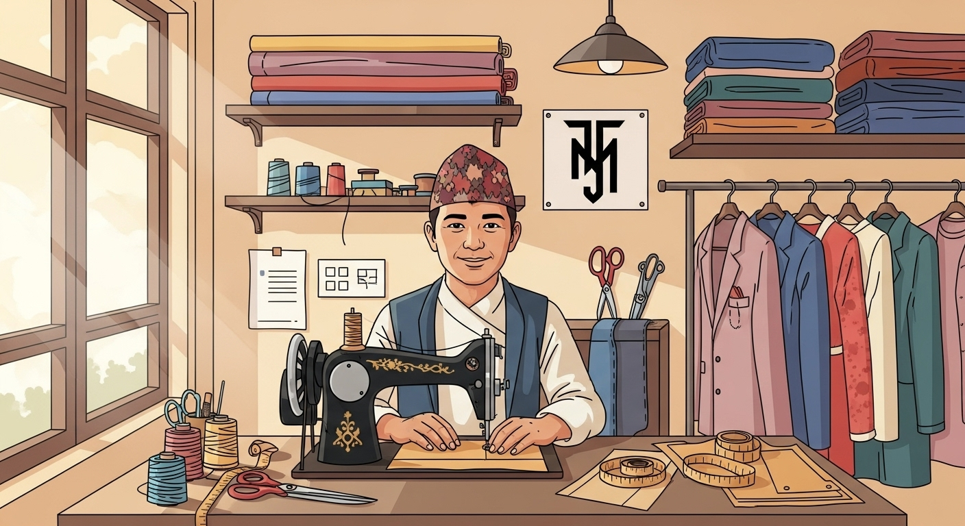 Tailor working in a small Nepali shop, symbolizing personal branding