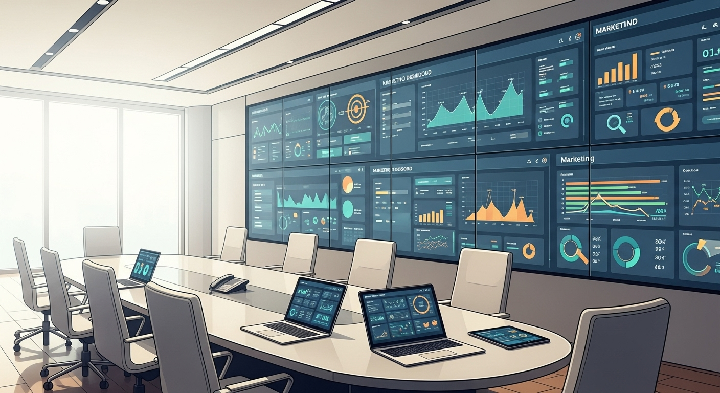 Corporate boardroom with digital dashboards symbolizing structured marketing systems