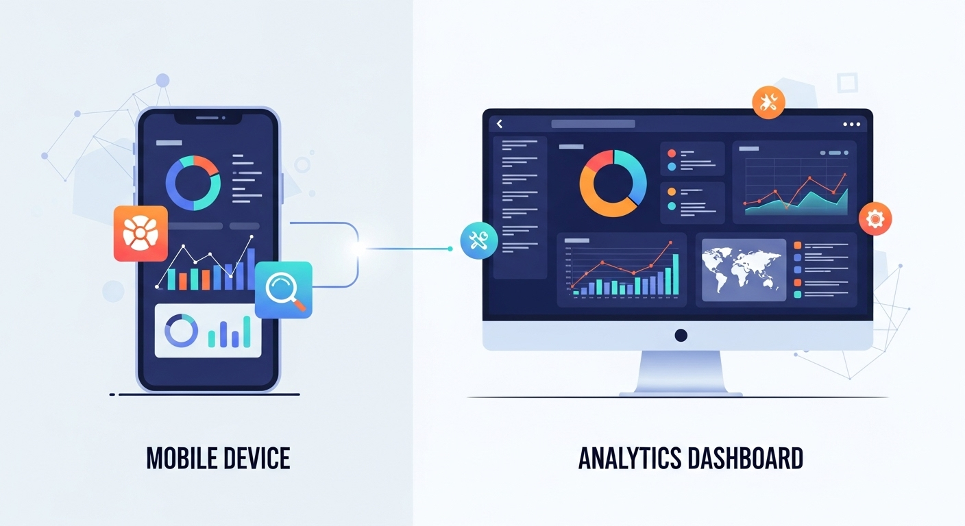 Comparison of mobile device and analytics dashboard representing tools used at different business scales