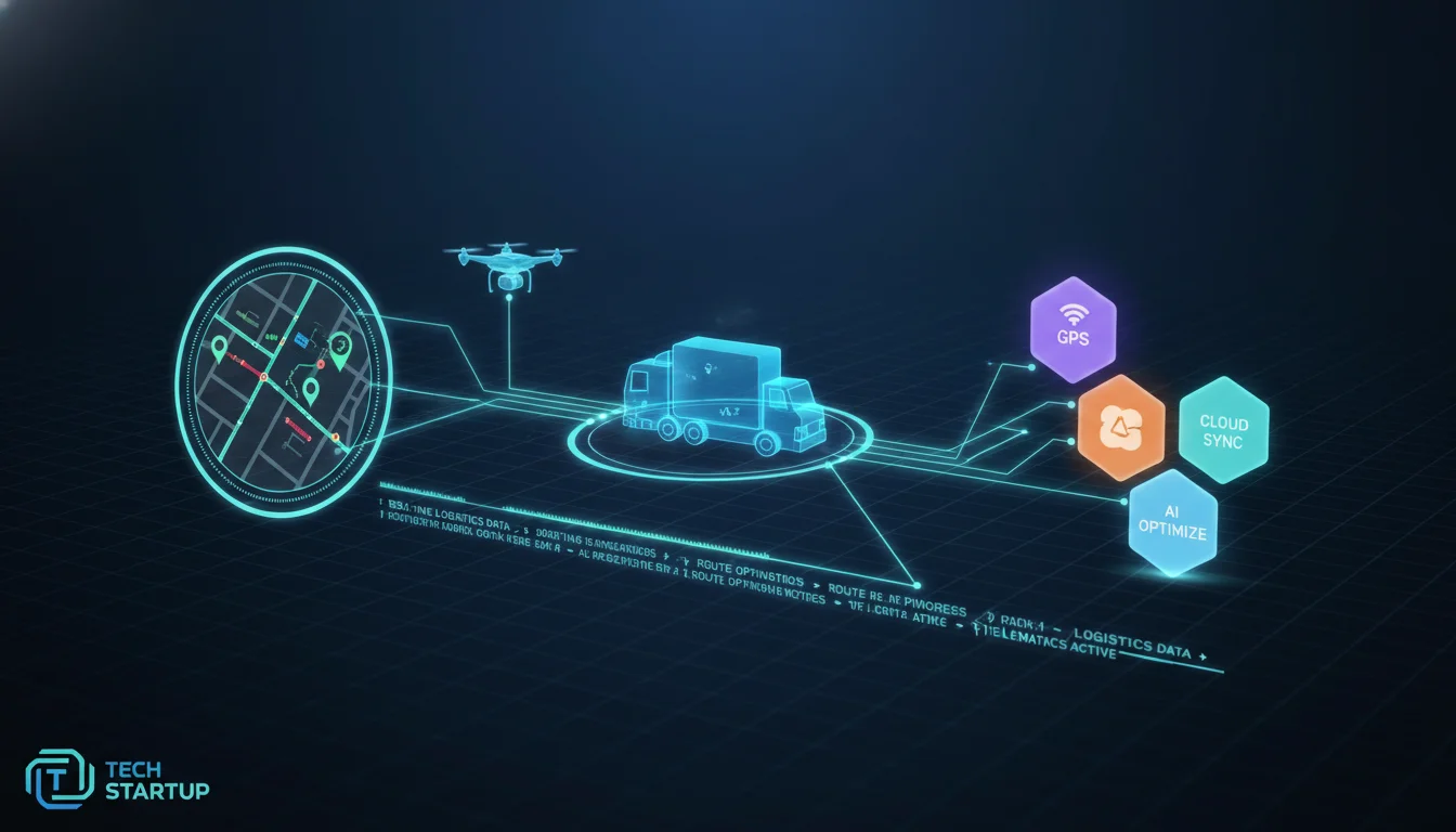 A vibrant digital network illustrating data flow between abstract representations of logistics vehicles, map interfaces, and API icons. Emphasize real-time integration, route optimization, and telematics for a tech startup, with a clean, modern aesthetic and subtle glowing lines.