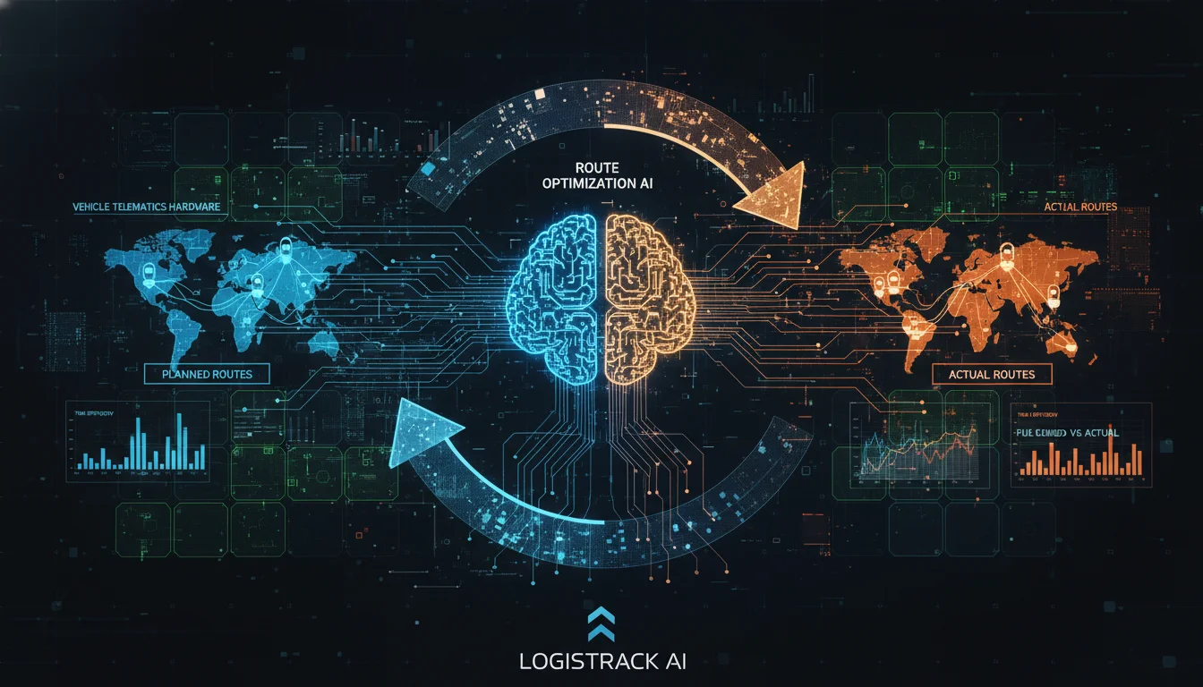 An abstract depiction of a sophisticated digital brain (representing route optimization software) connected to a complex digital nervous system (representing vehicle telematics hardware), with data flows creating a continuous feedback loop. Show visual elements like a map with optimized routes and real-time vehicle icons, emphasizing the 'planned vs. actual' analysis in a modern, interconnected style, for a logistics startup.