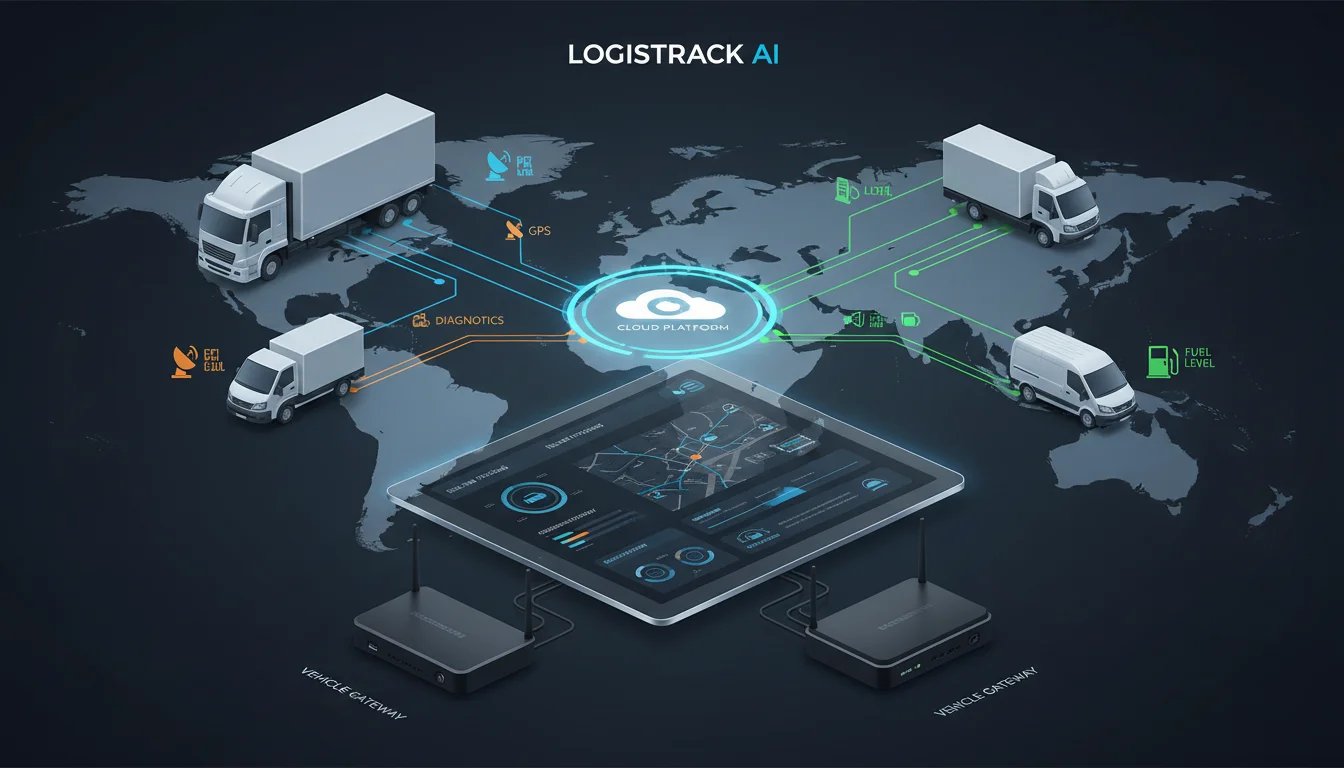 A visual representation of modern fleet management, showing a diverse group of logistics vehicles (trucks, vans) on a map, with data streams (GPS, diagnostics, fuel levels) flowing from them into a central, cloud-based dashboard on a screen. Emphasize the integration of hardware (vehicle gateways) and software for real-time tracking and operational visibility. Clean, professional, and tech-focused aesthetic for a logistics startup.