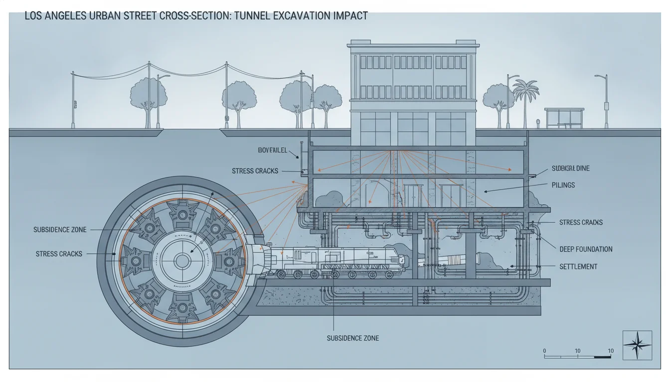 A technical cross-section diagram of an urban street in Los Angeles. Deep underground, a massive tunnel boring machine is excavating for a light rail project. Above it, the foundation and basement of a commercial building show structural stress lines and subsidence. Scientific and detailed illustration, clean lines, professional engineering aesthetic.
