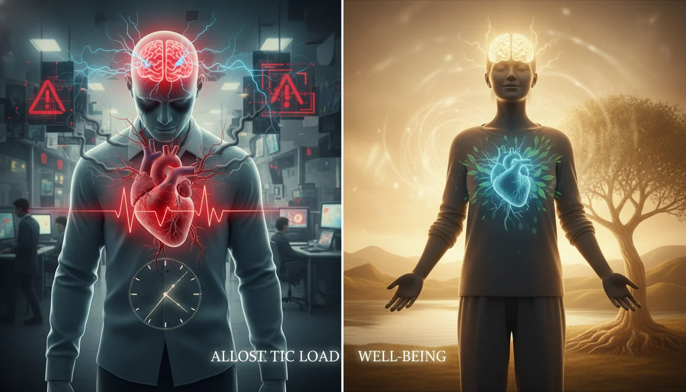 A conceptual image showing the physiological effects of chronic occupational stress. One side depicts a person visibly strained, perhaps with subtle visual cues of internal wear and tear like a stressed heart or brain, while the other side shows a relaxed person with a sense of well-being, symbolizing the absence of allostatic load. The image should convey internal strain vs. internal calm.