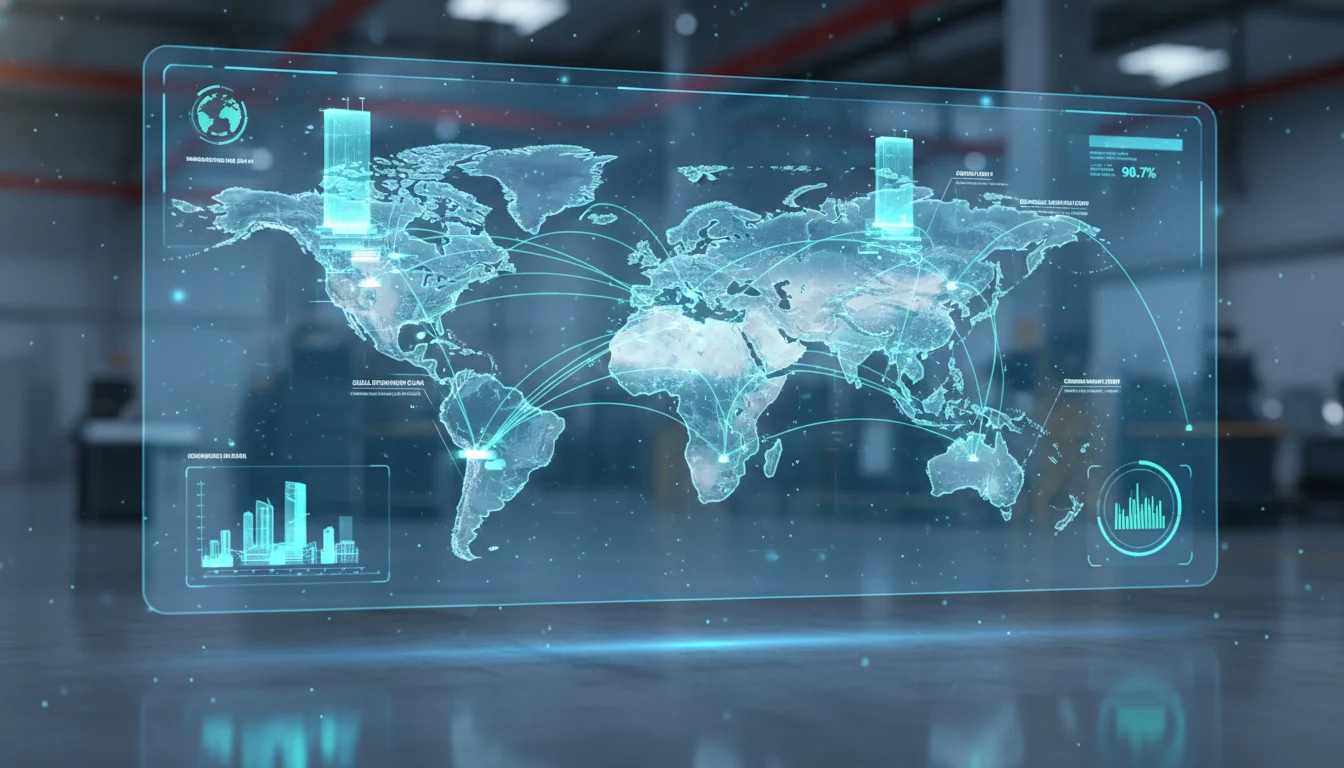 A high-tech digital twin visualization of an optimized industrial supply chain. The image shows a translucent, glowing blue holographic map of a geographical region overlaying a real-world factory floor. Glowing data points and flowing neon lines represent the streamlined movement of goods between manufacturing plants and distribution centers. The aesthetic is futuristic, precise, and professional, reflecting advanced network optimization.