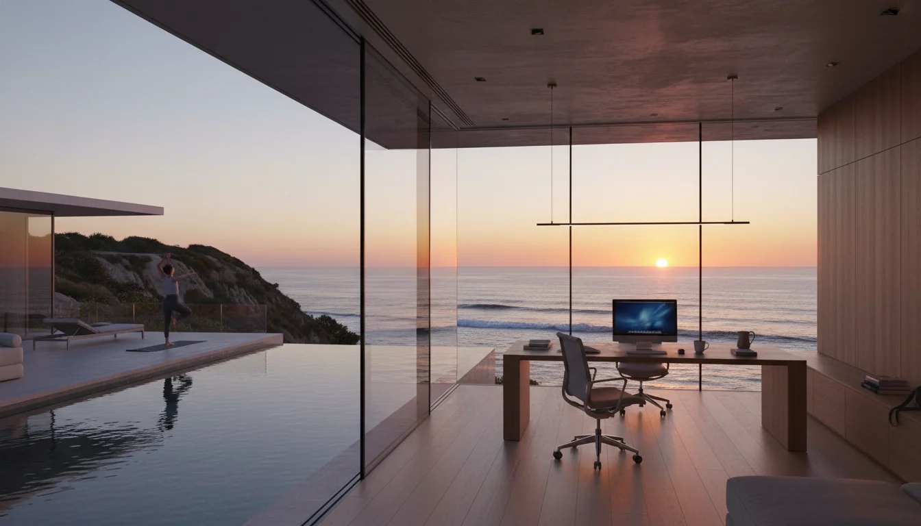 A high-end, luxury residential estate overlooking the Pacific Ocean in Malibu, featuring modern architecture, floor-to-ceiling glass windows, a serene infinity pool, and a professional workspace with a view of the coast, symbolizing the intersection of recovery and professional life, cinematic lighting, photorealistic.