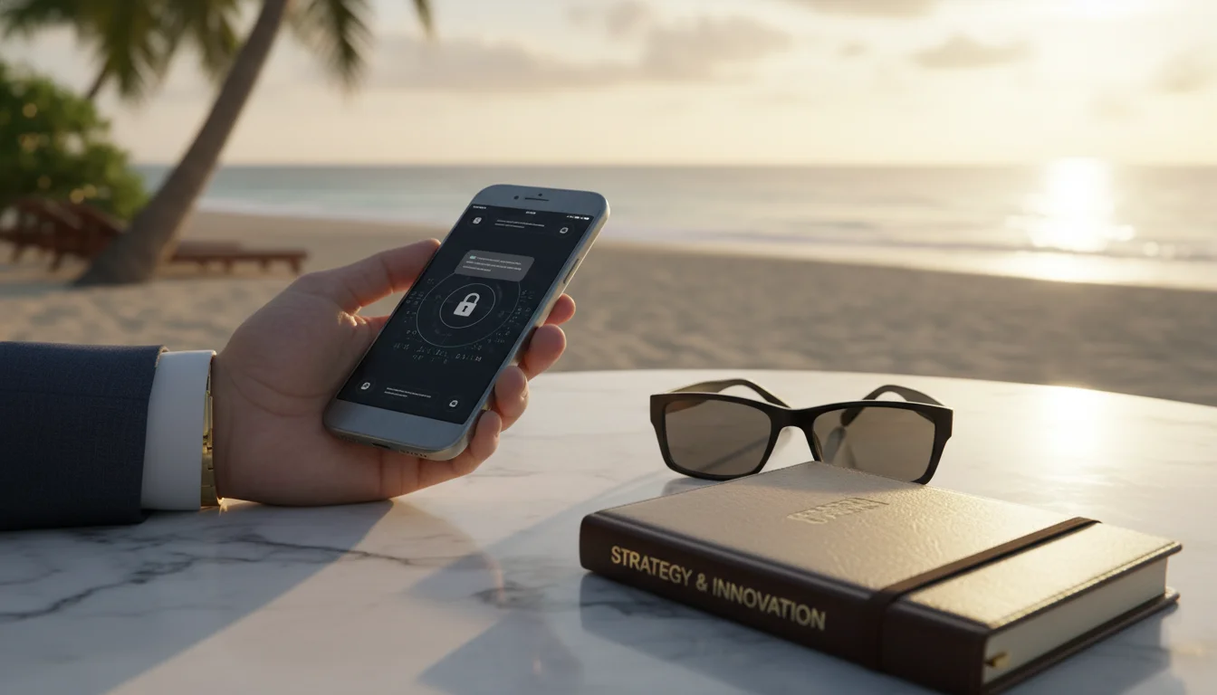 A close-up, high-detail shot of a professional executive's hand holding a high-end smartphone with an encrypted message screen, resting on a polished marble table next to a pair of luxury sunglasses and a leather-bound planner, soft-focus background of a private beach, representing the balance of professional responsibility and clinical privacy, photorealistic, cinematic lighting.