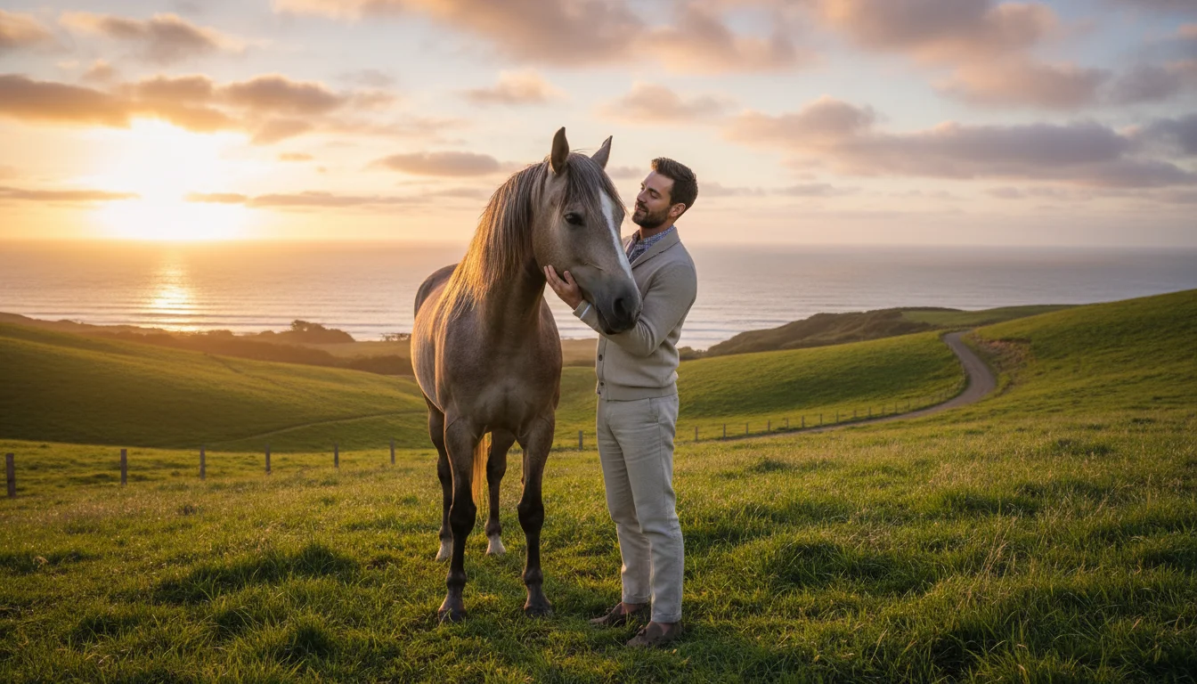 A serene and therapeutic scene featuring a professional man in casual designer attire interacting with a calm, majestic horse during an equine therapy session, set against the backdrop of rolling green hills and the Pacific Ocean at sunset, evoking a sense of emotional reconnection and peace, soft warm lighting, 8k resolution, highly detailed.