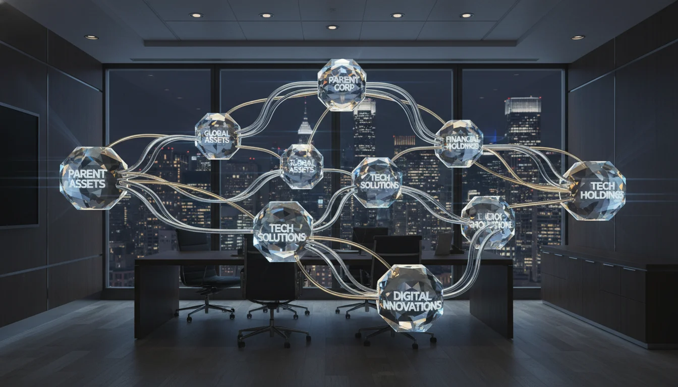 A professional, high-end 3D abstract visualization of a corporate organizational chart, with nodes representing different business entities and subsidiaries connected by sleek glass-like lines. The image is set against a dark, executive office background with a view of New York City skyscrapers. The lighting is sharp and technical, emphasizing business valuation and structural complexity.