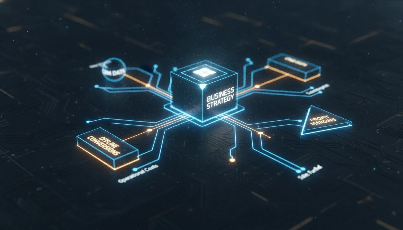 A sophisticated 3D visualization of a digital architectural blueprint. Glowing lines connect a central 'Business Strategy' hub to various glowing nodes representing CRM data, offline conversions, and profit margins. Blue and gold neon lighting, cinematic depth of field, high-tech corporate aesthetic.