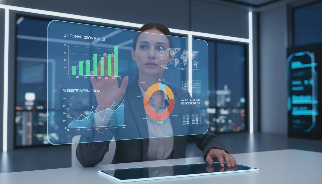 A professional marketer, male or female, interacting with a futuristic, holographic display showing various clear and impactful marketing data visualizations such as bar charts, line graphs, and pie charts. The focus is on translating complex data into actionable insights. The background is a modern, clean office or data hub, conveying strategic decision-making and clarity.